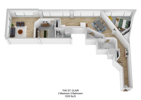Floor plan for 2 beds, 2 baths, 1225 sqft